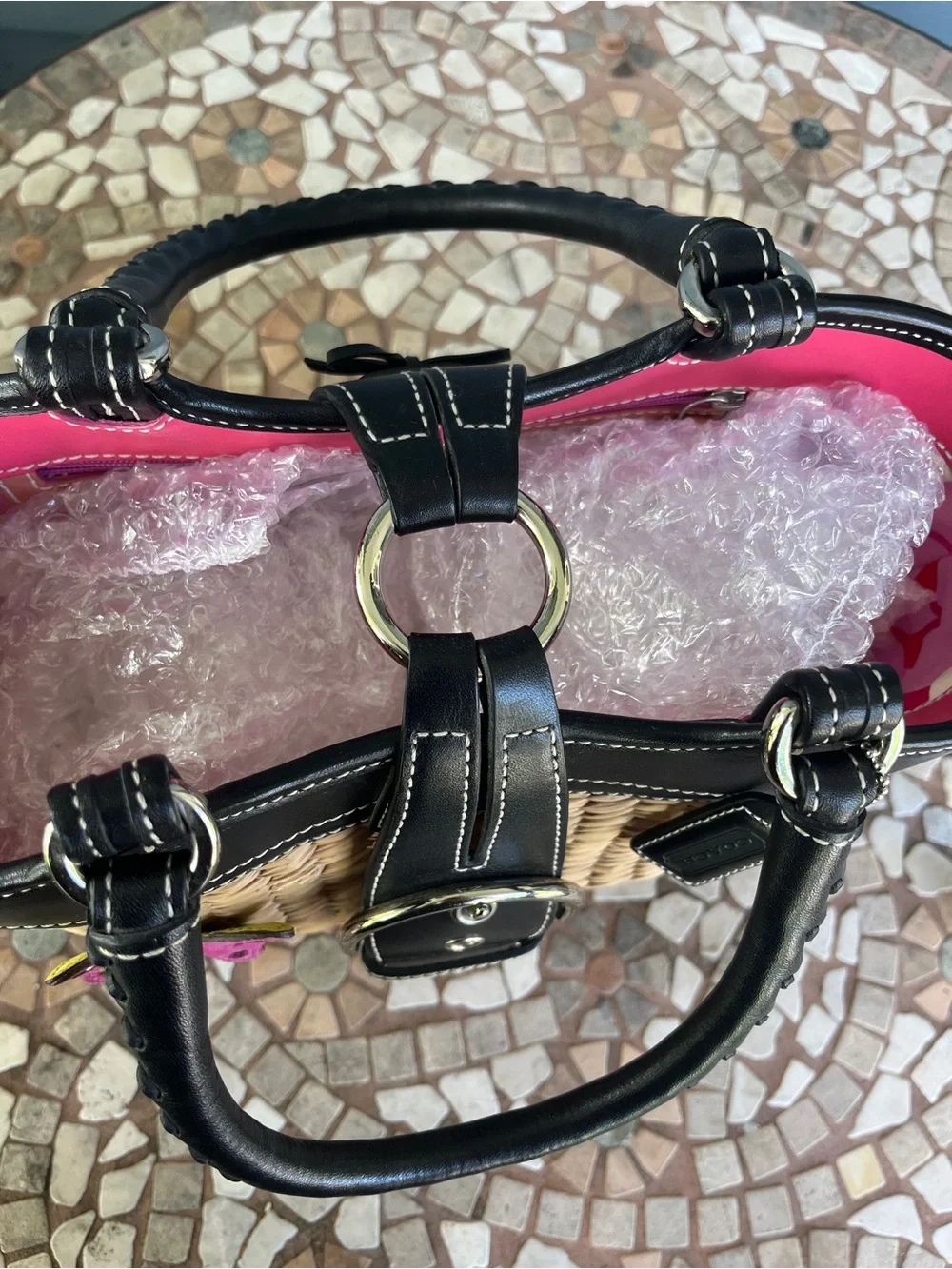 Coach Straw Tote with Black Leather Trim and Pink Accents